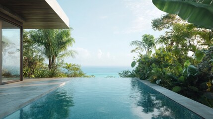 A stunning infinity pool on a villa terrace with panoramic views of a tropical coastline surrounded by lush vegetation