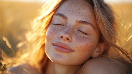 Freckled woman, eyes closed, smiling, golden hour, wheat field.