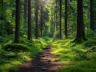 Obraz premium A serene forest path illuminated by sunlight, inviting exploration and tranquility.