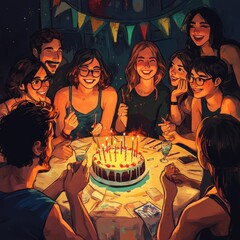 Friends celebrate birthday with cake at night.