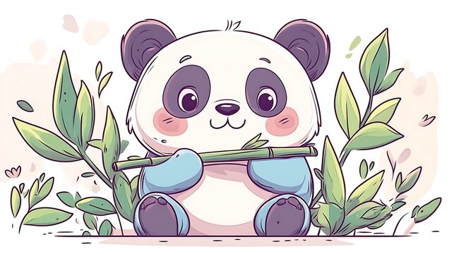 A cheerful panda eating a bamboo stick with soft pastel leaves, surrounded by light pastel highlights, minimalist white background, hand-drawn line art, kawaii aesthetic, hd rendering,