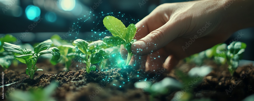 Poster iot and ai technology in smart farming, hand nurturing young plants with digital overlays of crop an