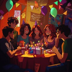 Friends celebrate birthday indoors, cake lit, festive background.