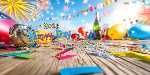 Bright and cheerful celebration scene with colorful balloons, confetti, and festive atmosphere for Happy Day in 2025