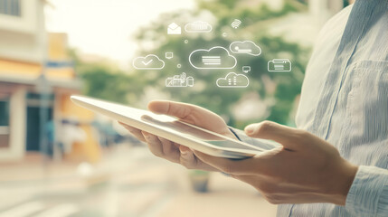 Concepts of digital technology, AI, and data science. Programmer with a background in business intelligence, innovation, and technology who uses a digital tablet with big data and cloud compu 