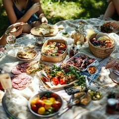 Friends enjoy a summer picnic with delicious food outdoors.