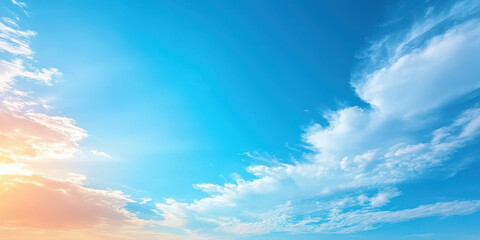 Obraz premium Bright blue sky with soft clouds and warm sunset glow creates serene atmosphere