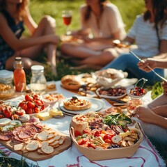 Friends enjoy a sunny picnic lunch on grass.