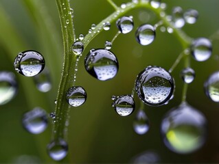 drops of dew on a green leaf