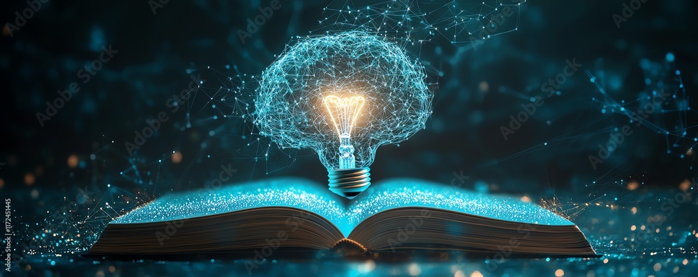 Poster Open book with virtual AI brain and light bulb symbolizing machine learning and artificial intelligence innovation