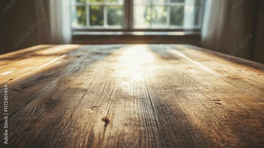 Poster a close-up of a distressed wooden table in an empty room with soft natural light, creating a nostalg