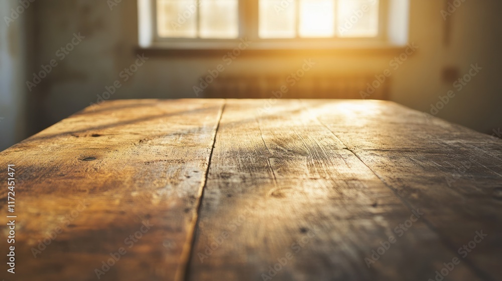 Poster a close-up of a distressed wooden table in an empty room with soft natural light, creating a nostalg