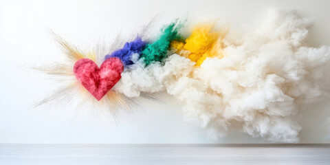 Colorful heart with vibrant smoke in shades of pink, green, yellow, and white, radiating joy and creativity