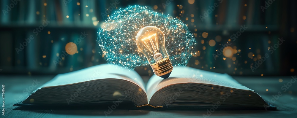Poster open book with virtual ai brain and light bulb symbolizing machine learning and artificial intellige