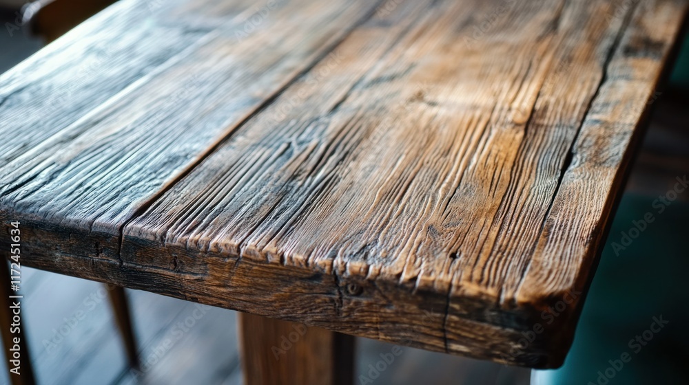 Poster a close-up of a distressed wooden table with unique grain details, sitting in an empty space with na