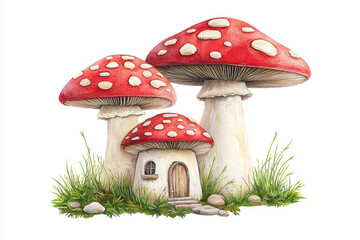 Whimsical mushroom house surrounded by lush green grass and vibrant fungi