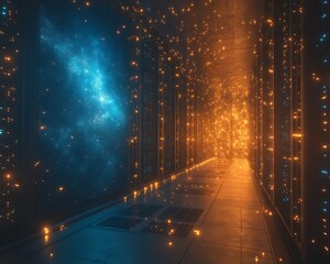Futuristic server room corridor with glowing particles.