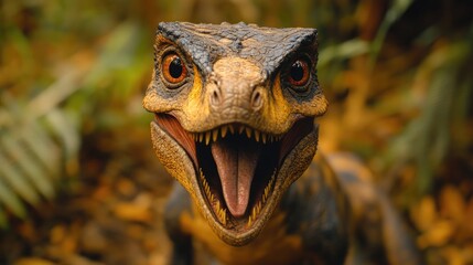 Fototapeta premium Aggressive dinosaur roaring showing teeth and tongue in lush jungle