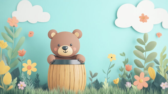 Cute bear cub in wooden barrel surrounded by colorful flowers and clouds. cheerful scene in meadow with vibrant greenery