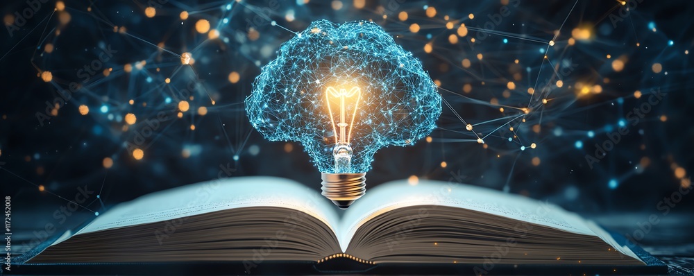 Poster Open book with virtual AI brain and light bulb symbolizing machine learning and artificial intelligence innovation