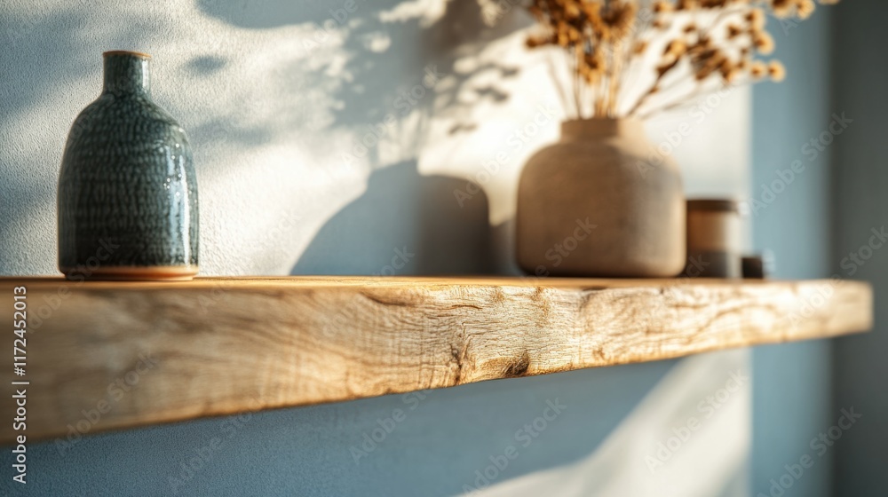 Poster a close-up of a rustic wooden shelf with warm tones and soft shadows, placed in a simple and serene 
