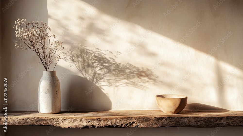 Poster a close-up of a rustic wooden shelf with warm tones and soft shadows, placed in a simple and serene 