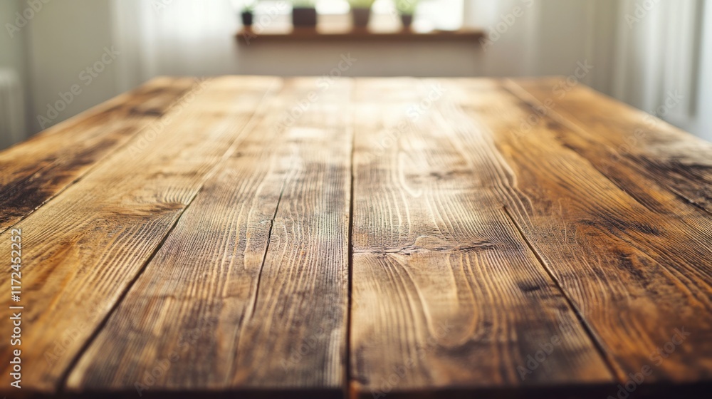 Poster a close-up of a rustic wooden table with visible grain patterns in a minimalist interior, evoking no