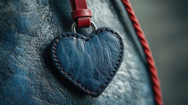 Blue leather heart hanging on a leather bag with red string