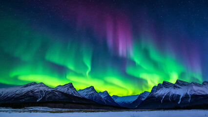 A breathtaking view of the aurora borealis dancing over majestic mountains, showcasing vibrant colors of green, purple, and blue illuminating the night sky