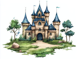 Obraz premium whimsical fairy tale castle surrounded by trees and rocks, enchanting scenery