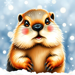 A cute little animal with a pink nose and big eyes is standing in the snow