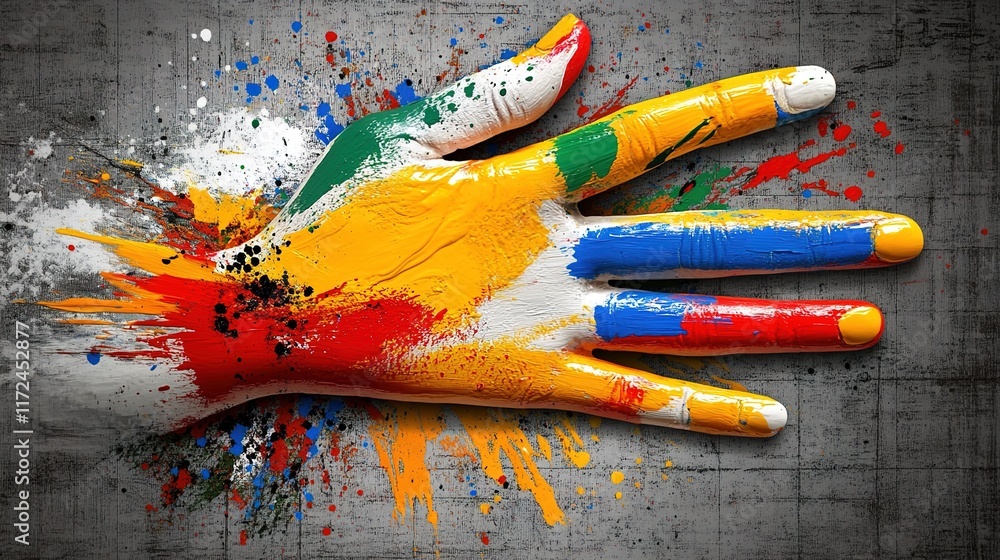 Poster colorful handprint with splashes of paint on textured background