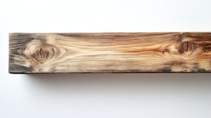 A close-up of a weathered wooden shelf with unique grain patterns, placed against a clean white backdrop