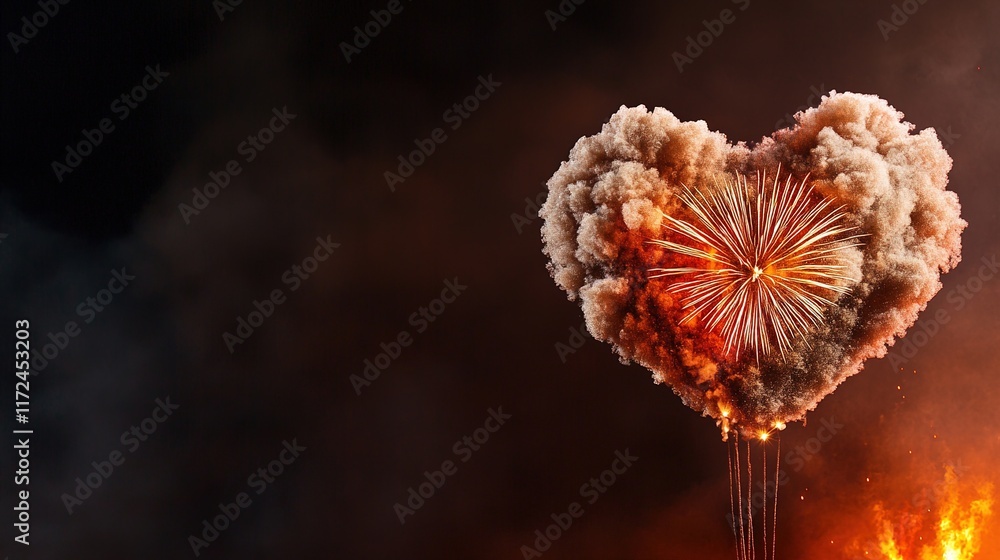 Poster heart shaped firework explosion display on a dark background