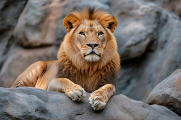 Obraz premium Majestic lion resting on rock in natural habitat