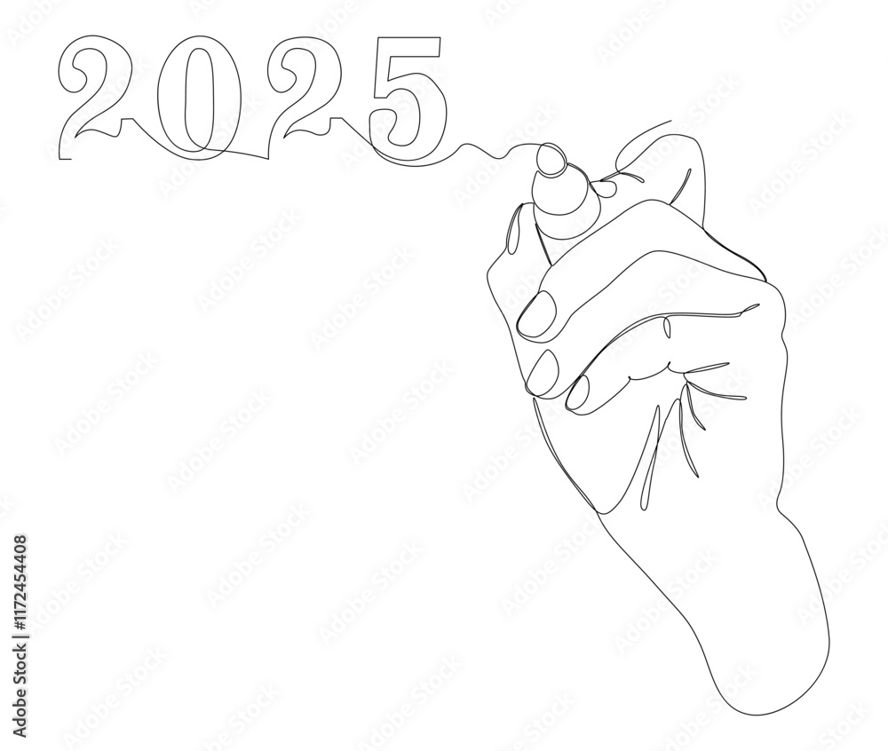 Aufkleber one continuous line of number 2025 written by with felt tip pen. thin line illustration vector conce