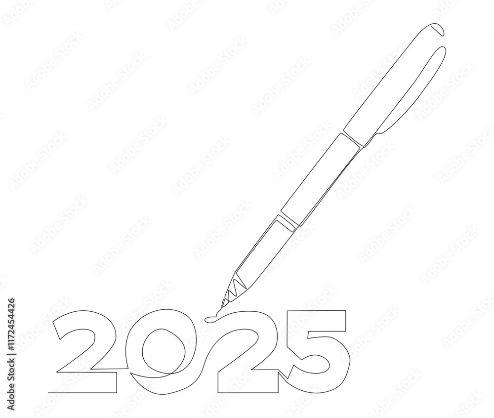Poster one continuous line of number 2025 written by with felt tip pen. thin line illustration vector conce