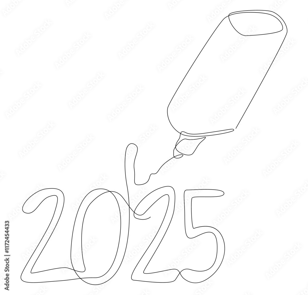 Poster one continuous line of number 2025 written by with felt tip pen. thin line illustration vector conce