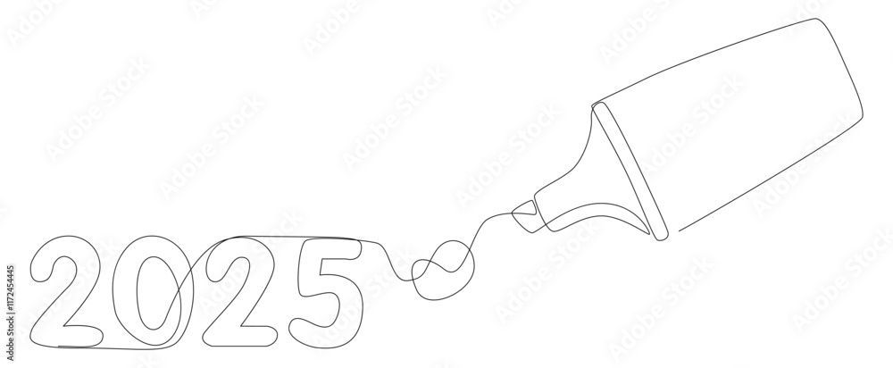 Aufkleber one continuous line of number 2025 written by with felt tip pen. thin line illustration vector conce