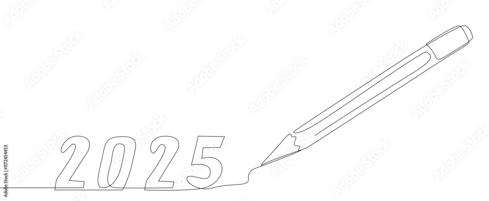 Aufkleber one continuous line of number 2025 written by with felt tip pen. thin line illustration vector conce