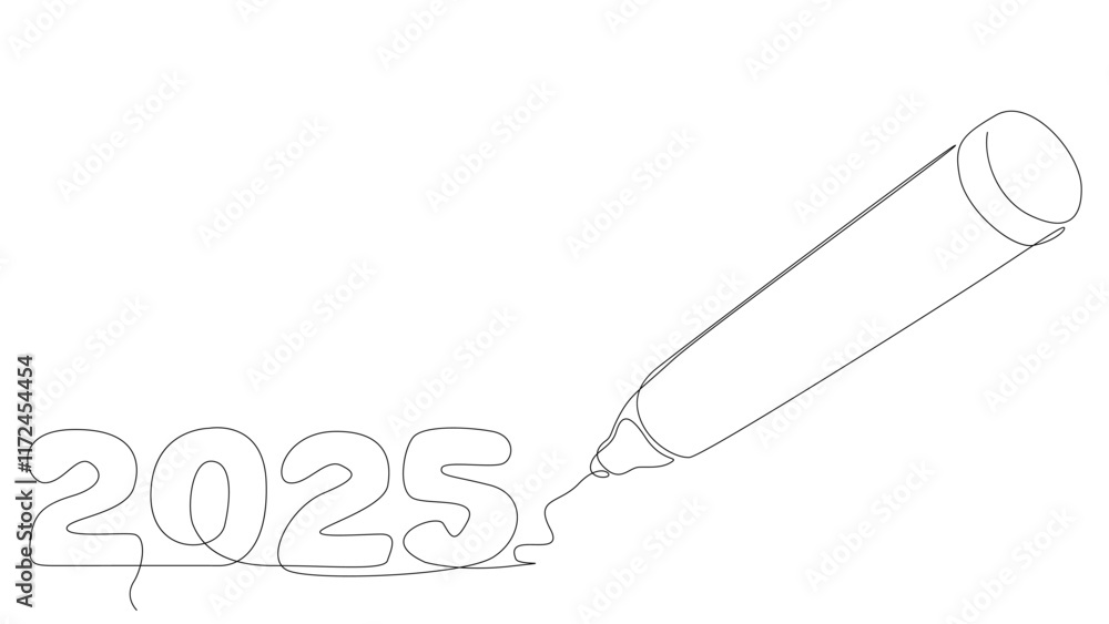Aufkleber one continuous line of number 2025 written by with felt tip pen. thin line illustration vector conce