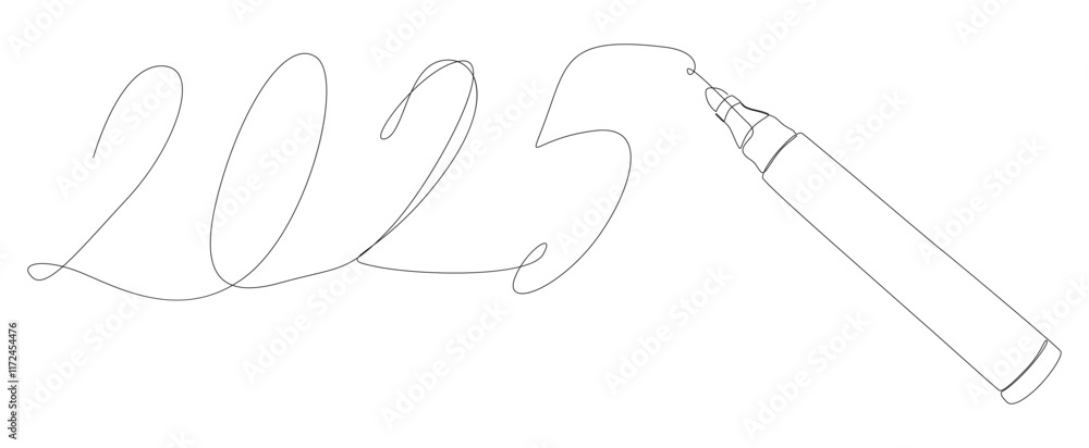 Poster one continuous line of number 2025 written by with felt tip pen. thin line illustration vector conce