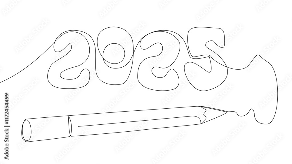 Aufkleber one continuous line of number 2025 written by with felt tip pen. thin line illustration vector conce
