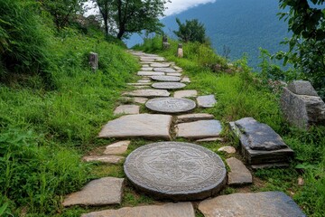 Scenic high altitude stone paths winding through breathtaking mountain landscapes.