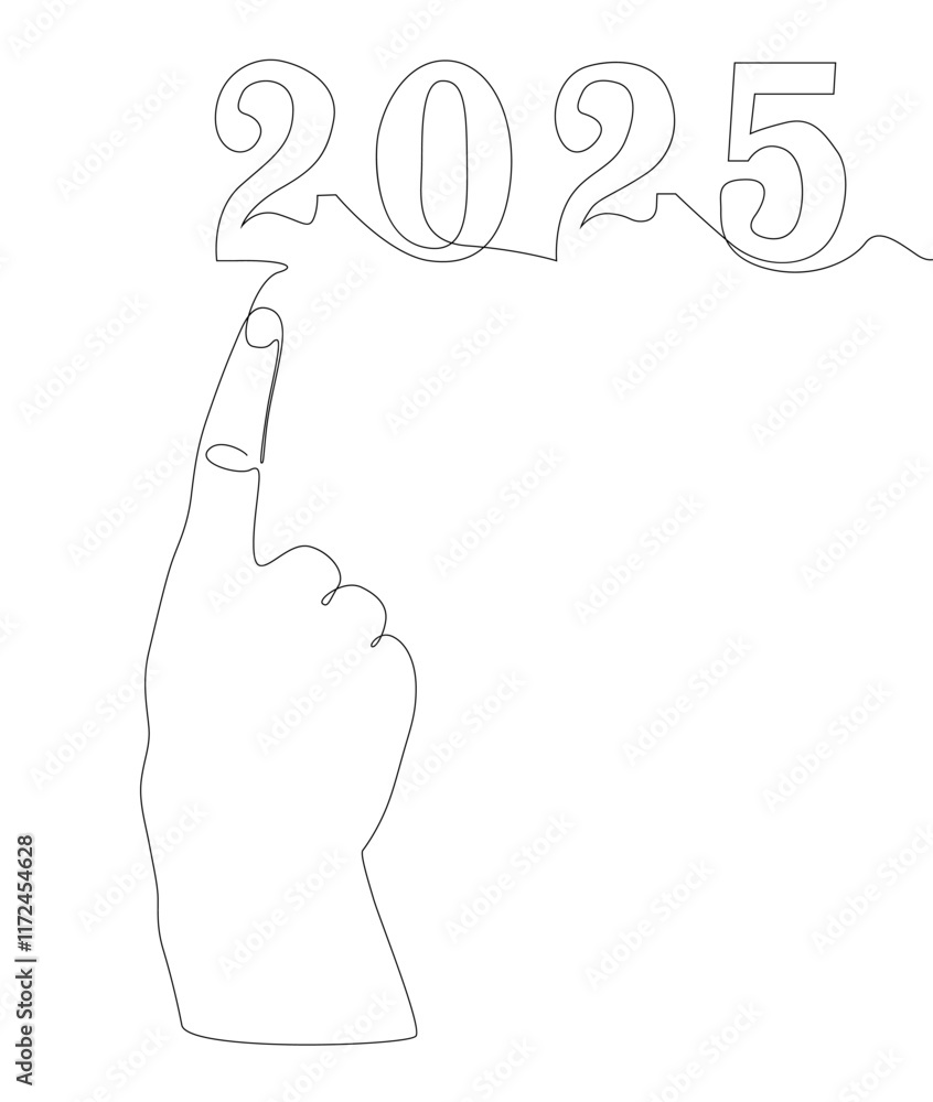 Poster one continuous line of hand with number 2025. thin line illustration vector concept. contour drawing