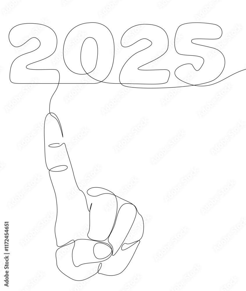 Aufkleber one continuous line of hand with number 2025. thin line illustration vector concept. contour drawing