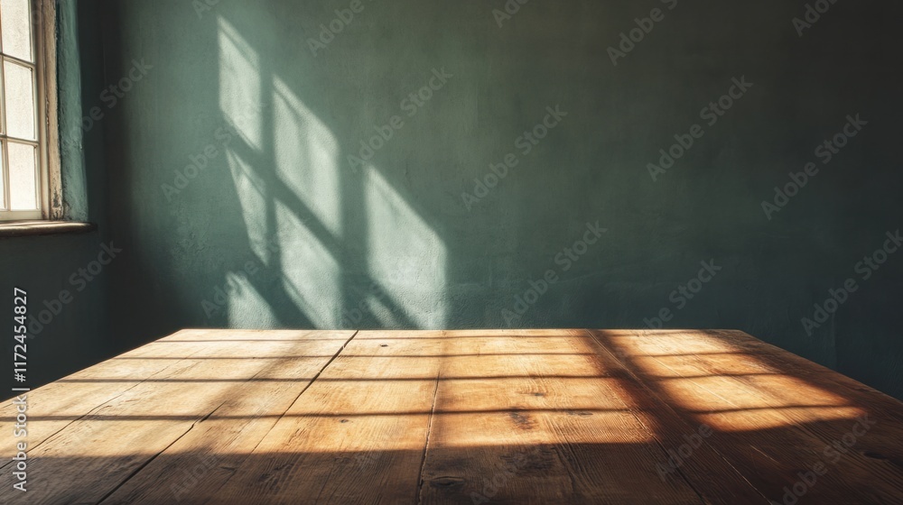 Aufkleber a rustic wooden table with soft shadows in an empty room, creating a sense of simplicity and nostalg