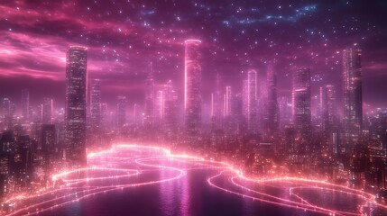 Fototapeta premium Neon Cityscape Illuminated Night Skyline Glowing