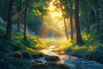 Obraz premium Golden sunlight piercing through lush forest canopy, illuminating flowing stream