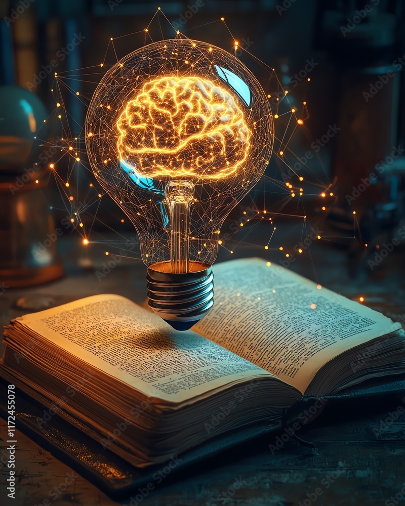 Aufkleber science and ai technology fusion, a glowing light bulb and digital brain on an open book, representi